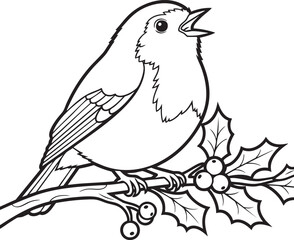 Fototapeta premium Black and white illustration of a singing bird on a holly branch, Christmas or winter ico