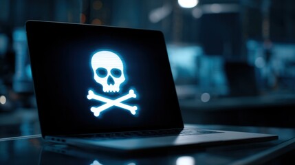 skull and crossbones on laptop screen