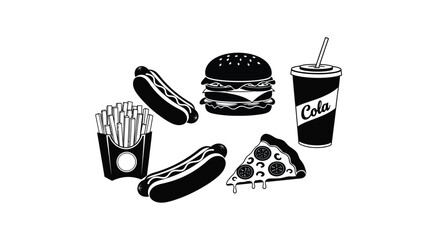 A collection of fast food items including burgers pizza and fries