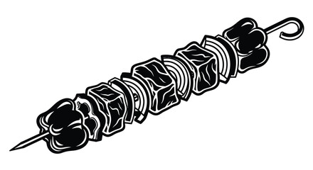 A detailed black and white illustration of a meat and vegetable skewer