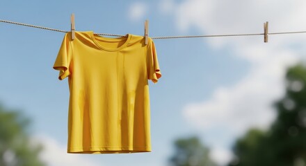 Yellow T-shirt drying on clothesline against blue sky