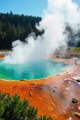 Mystical Geothermal Hot Spring Ethereal Steam and Vibrant Colors in Lush Landscape