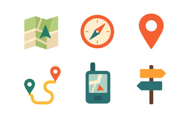 Navigation and mapping icons set with map, compass, and gps in flat design