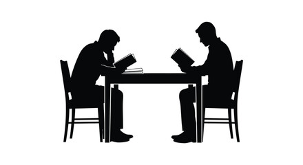 Two figures sit at a table reading books in silhouette form