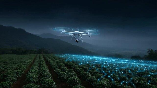 Drone swarm flying over coffee fields, collecting environmental data, real-time analysis on digital map