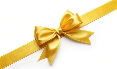 decorative shiny gift yellow ribbon with tied bow design element straight lying isolated on white background 