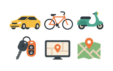Sustainable transportation icons with car, bicycle, and scooter in modern flat design