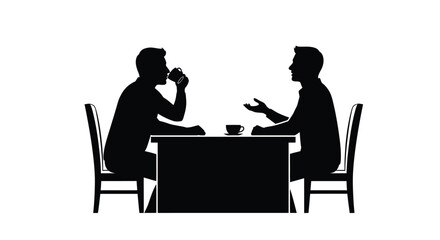 Two men seated at a table in silhouette discussing over coffee