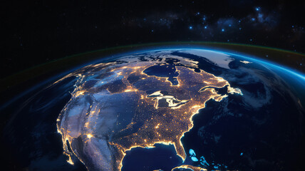 Earth at night seen from space, north america illuminated satellite