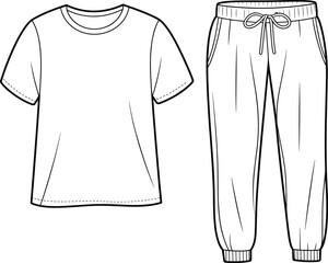 Flat vector illustration, fashion sketch, jogger pants, t-shirt design, clothing template, apparel mockup, garment outline