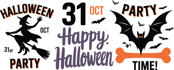 Halloween party poster, spooky celebration banner, witch flying vector, bats and bone graphic, October 31 design, flat vector illustration