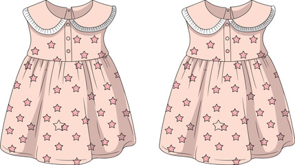 Children’s dress design, pink star pattern, Peter Pan collar outfit, short sleeve fashion, toddler clothing vector, flat vector illustration