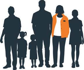 Flat vector illustration, family silhouette, group of people, adult and children, parenting concept, unity, togetherness, social bond, community, lifestyle