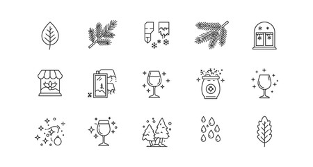 Fototapeta premium Winter line art icons: festive nature elements and holiday decorations