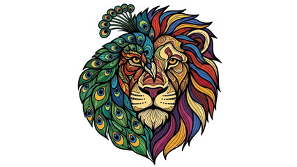 Colorful Black Line Mandala Featuring Peacock and Lion Faces – Spiritual and Nature-Inspired Symmetrical Geometric Artwork on White Background