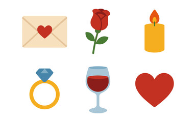 Romantic elements collection: envelope, rose, candle, ring, wine glass, heart