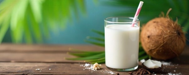 Creamy Coconut Milk Ready for Tropical Recipe Rustic Wooden Table Setting with Fresh Coconuts and Straw