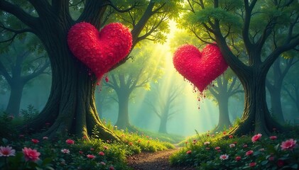 Heart-Shaped Trees in a Mystical Sunlit Forest Perfect for Fantasy Romance and Nature Projects
