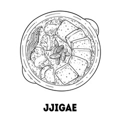 Seafood soup Sundubu jjigae sketch. Korean food. Hand drawn vector illustration. Top view.