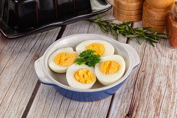 Boiled chicken eggs with bright yolk