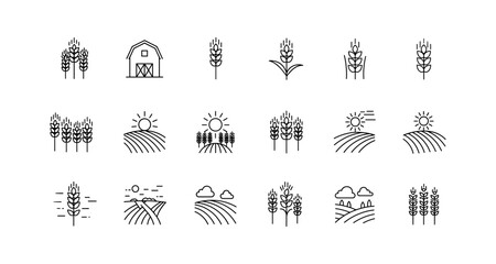 Linear agriculture icon set featuring wheat and farm landscapes