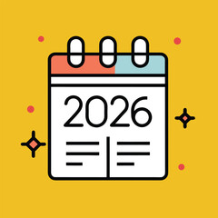 Vector icons calendar 2026. Editable stroke thin line and black on yellow