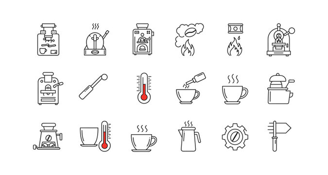 Coffee brewing icons set: simple line designs featuring machines, cups, and tools