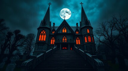 Gothic Castle and Cemetery on a Moonlit Halloween Night