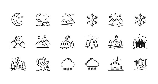 Simple linear icons of seasonal landscapes with night and winter scenes