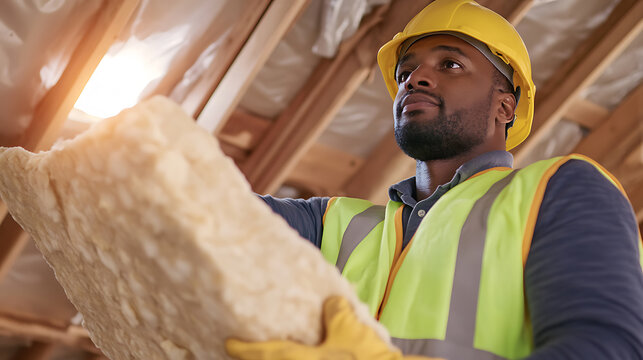 Man insulating attic with fiberglass. Wearing a safety vest and hard hat for protection. He is focused on the job, ensuring proper insulation for energy efficiency in the home.