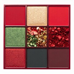 Fototapeta premium Festive Makeup Palette with Red Gold and Green Pigments in Square Pan