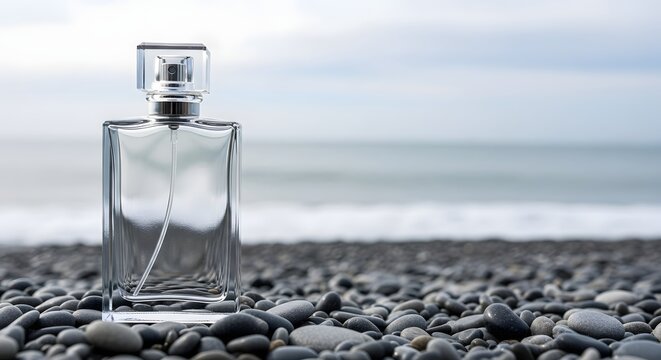Elegant clear perfume bottle stands on dark pebble beach ocean spray freshness luxury beauty marine water