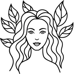 Woman With Hair Turning Into Leaves Line Art Vector