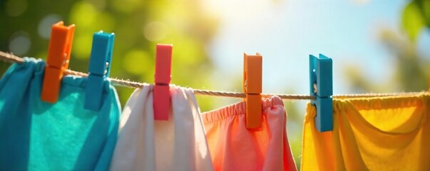 Colorful Clothes Pegs on a Sunny Clothesline, Drying Laundry Outdoors ? A Vibrant Summer Scene of Domestic Tranquility, Perfect for Spring and Summer Themes.