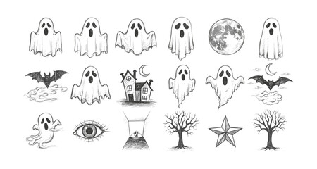 Obraz premium Hand-drawn ghosts and halloween elements with creepy trees and haunted house