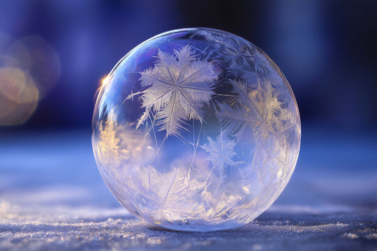 Creative macro of frozen soap bubble with crystallized patterns, winter concept