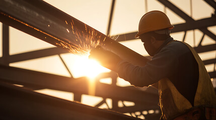 Fototapeta premium A welder works high up on a steel frame, sparks flying. Safety gear on, helmet, and gloves. Steel structure against a golden, sunset sky, focus and precision, skilled craft.