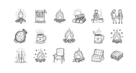 Cozy camping vibes: hand drawn sketches of bonfires, drinks, and relaxation