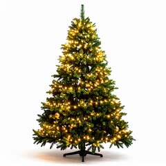Fototapeta premium Artificial Christmas Tree Decorated with Lights and Golden Baubles on White