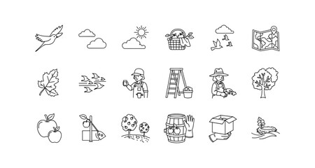 Line art icons of nature, gardening, and outdoor activities