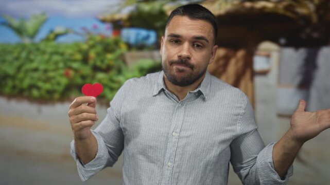 Man holding red paper heart in one hand and shrugging with other hand on city street in daylight; uncertainty.