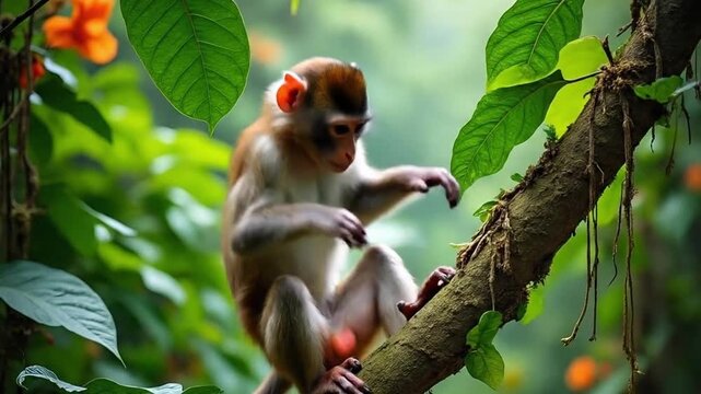 A monkey is sitting on a tree branch