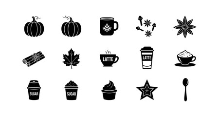 Autumn silhouette icons: pumpkin, coffee, maple leaf, spices, and seasonal delights