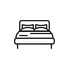 A simple line drawing of a bed with two pillows on it and a headboard in a minimalist style design