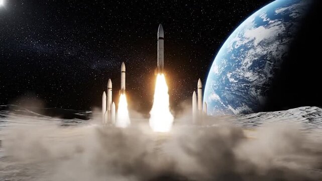 A group of rockets are on a moon-like planet