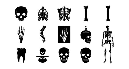 Collection of skeleton and bone icons in silhouette style for medical and halloween themes