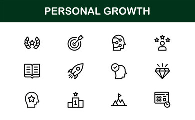 Personal Growth Icon Set Featuring Development, Success, Motivation, and Self Improvement Symbols in Vector Style
