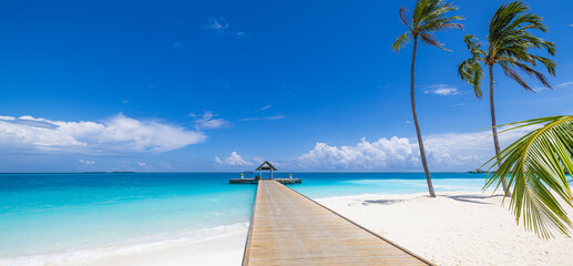 Majestic beach Maldives island pristine shore pier water villa exotic travel destination summer vacation wall art. Beautiful palm trees sand sea waves luxury resort paradise view. Stunning tropics