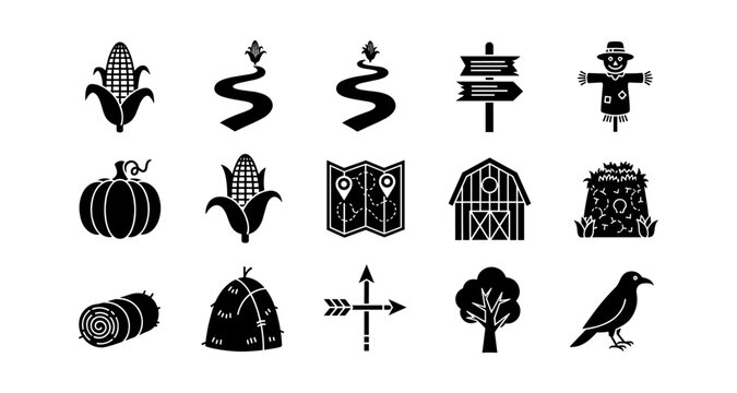 Black silhouette icons of farm and harvest elements for autumn design