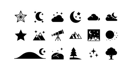 Naklejka premium Silhouette night sky icons with stars, moon, clouds, and nature elements